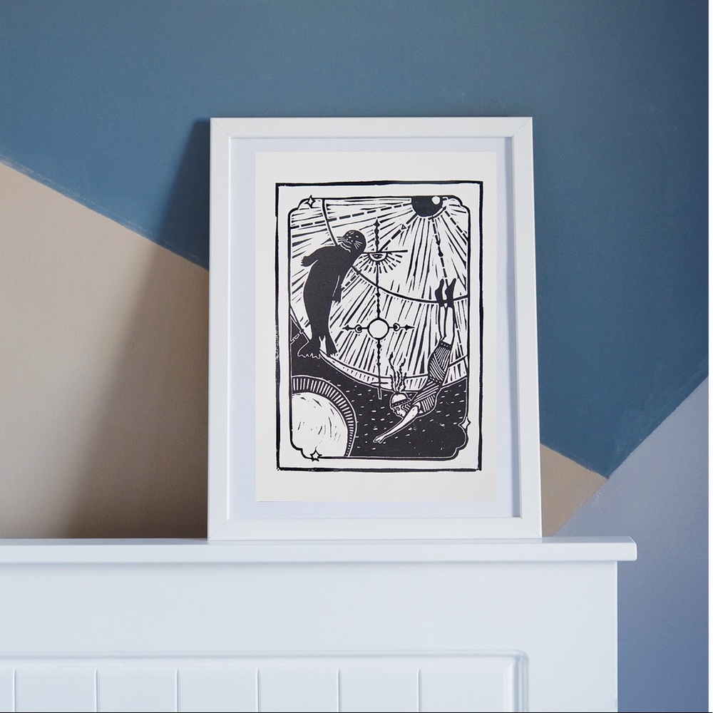 Seal Tarot Lino Block Print Black and White